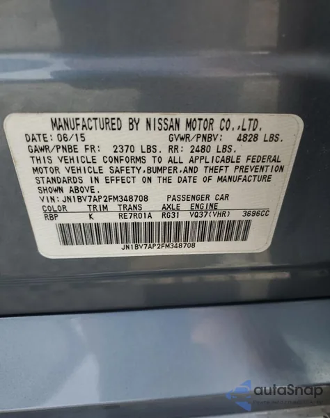 2015 Infiniti Q50 from USA, damaged, VIN JN1BV7AP2FM348708